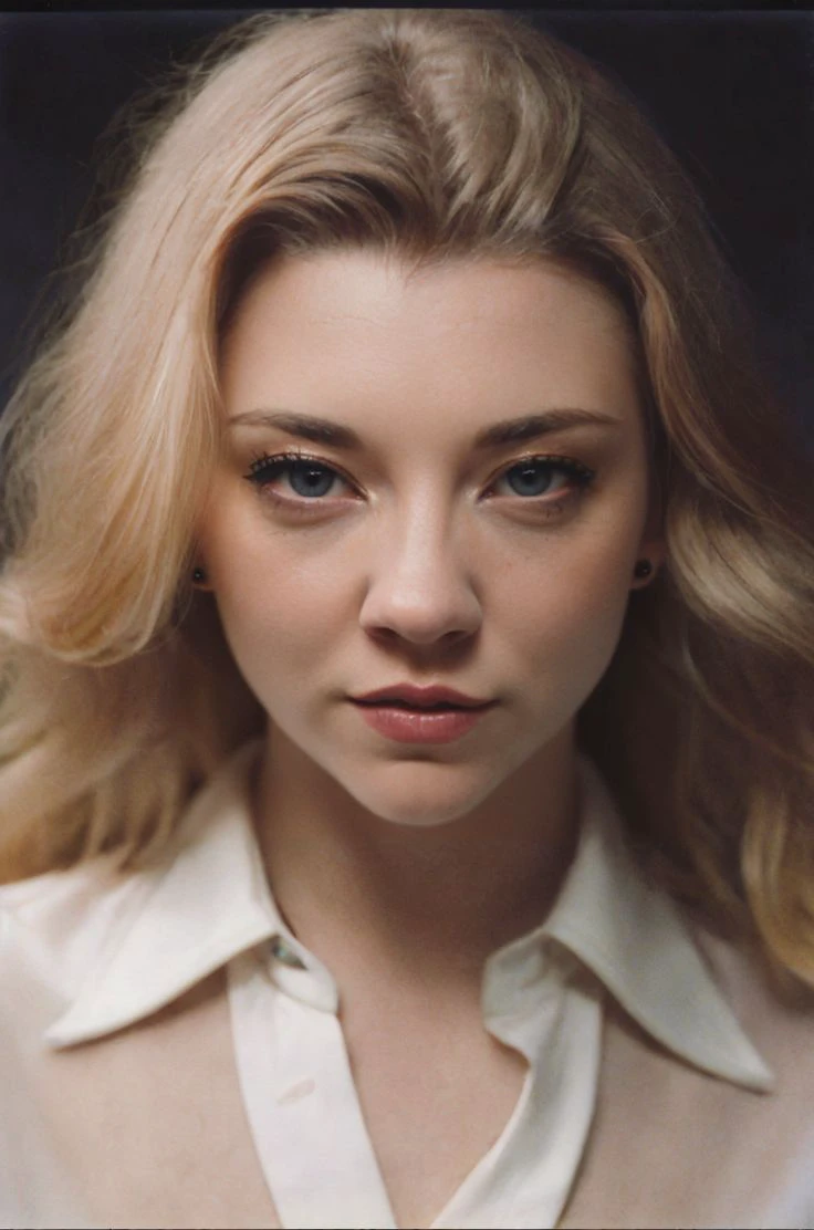 Polaroid black tone low key film, flash photography, abstract 2005 closeup portrait of nataliedormer wearing (white collared shirt), (long hair, blonde hair) <lora:NatalieDormer:0.95>