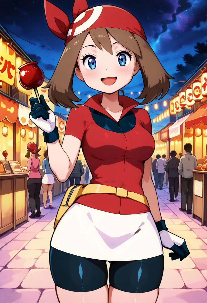 masterpiece, best quality, medium breasts, (curvy),
zzMay, may (pokemon), solo, brown hair, blue eyes, medium hair, red shirt, bike shorts, red bandana, red shirt, gloves,  white miniskirt, yellow belt,  
smile, looking at viewer,
excited expression, traditional festival outfit, holding a candy apple, paper lanterns in the background, starry night, festive atmosphere, colorful lighting, intricate details