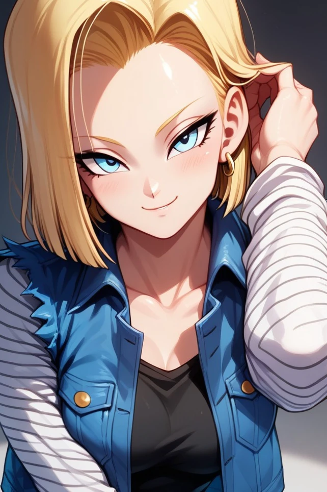 score_9, score_8_up, score_8, medium breasts, (curvy), cute, eyelashes,      ,,,  <lora:Android18PDXL:1.0>, zzAndroid18, blue eyes, blonde hair, short hair, jacket, denim, denim jacket, jewelry, earrings, long sleeves, shirt, skirt, belt, stripes, 
(leaning forward, head tilt), blush, smug, horny, 
(adjusting hair), 
Upper body, 
BREAK, smile, looking at viewer, blush, blurry background, shiny skin, 
zPDXL, Expressiveh,