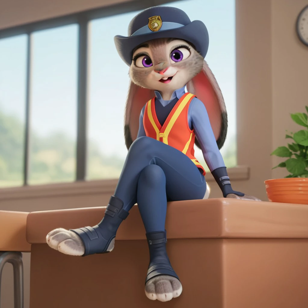 score_9, score_8_up, score_7_up, score_6_up, score_5_up, score_4_up, source_furry, hoppsJudyzt, anthro, female, bunny, grey fur, purple eyes, rabbit ears, rabbit tail, rabbit girl, zpd parking uniform, dark blue pants, blue shirt, orange safety vest, hat, toeless blue footwear, sitting, in a chair, legs crossed, <lora:64c802be-4d47-4ee2-9e67-4673661b61ac:0.7>