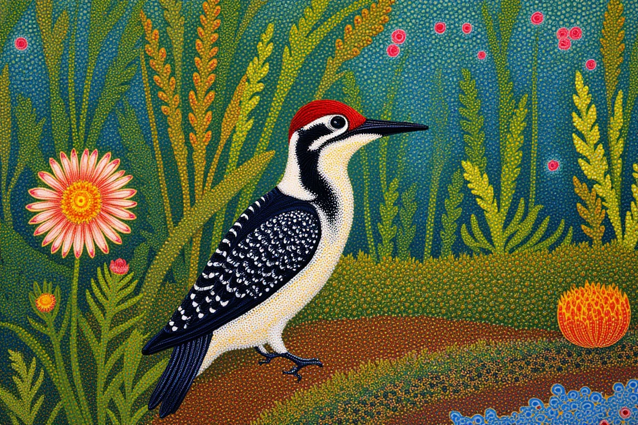 dotted truepointilli painting of a woodpecker lost in a garden with tons of unknown exotic plants