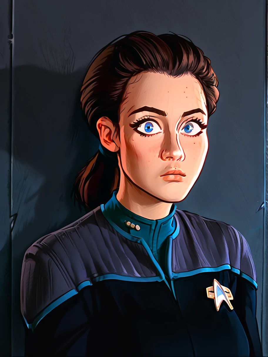 1girl, solo, looking at the viewer, ,  flirty, cowboy shot,  surprised, portrait, face focus,
<lora:Jadzia_Dax_Comic_Pony:1> jadzia dax, brown hair, ponytail, blue eyes, large breasts,
forehead spots, trill birthmarks,
<lora:raichiyo33XLP:.55> raichiyo33 <lora:bp4rtXLP:.55> <lora:Expressive_H:.65>  <lora:ponyDS9:1> ds9st, black and grey star trek uniform, grey shoulders,, teal neck, black jumpsuitâââ