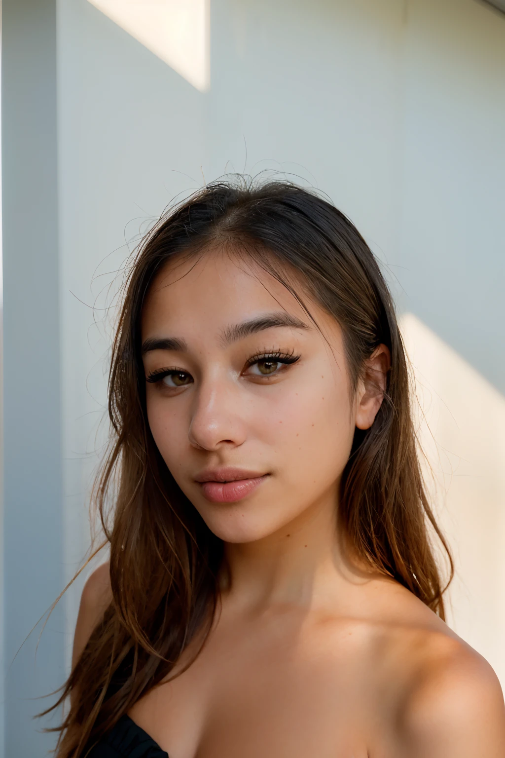 BREAK a (portrait, upper body focus) photograph of (1girl, 19 years old, slight smile, <lora:ZH_P0Wyang_v1SD15:1>, zh_p0wyang, solo, realistic, long hair, lips, looking at viewer), wearing (black dress, bare shoulders, makeup, lipstick, strapless dress), ((looking at viewer))