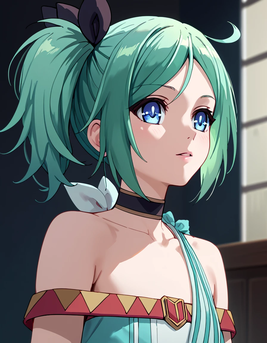 score_9, score_8_up, score_7_up, score_6_up, score_5_up, score_4_up, source_anime,  <lora:MasterofRagnarok:1>, portrait,  albertina, blue eyes, green hair, side ponytail, choker, bare shoulders, dress, bracelet, jewelry,