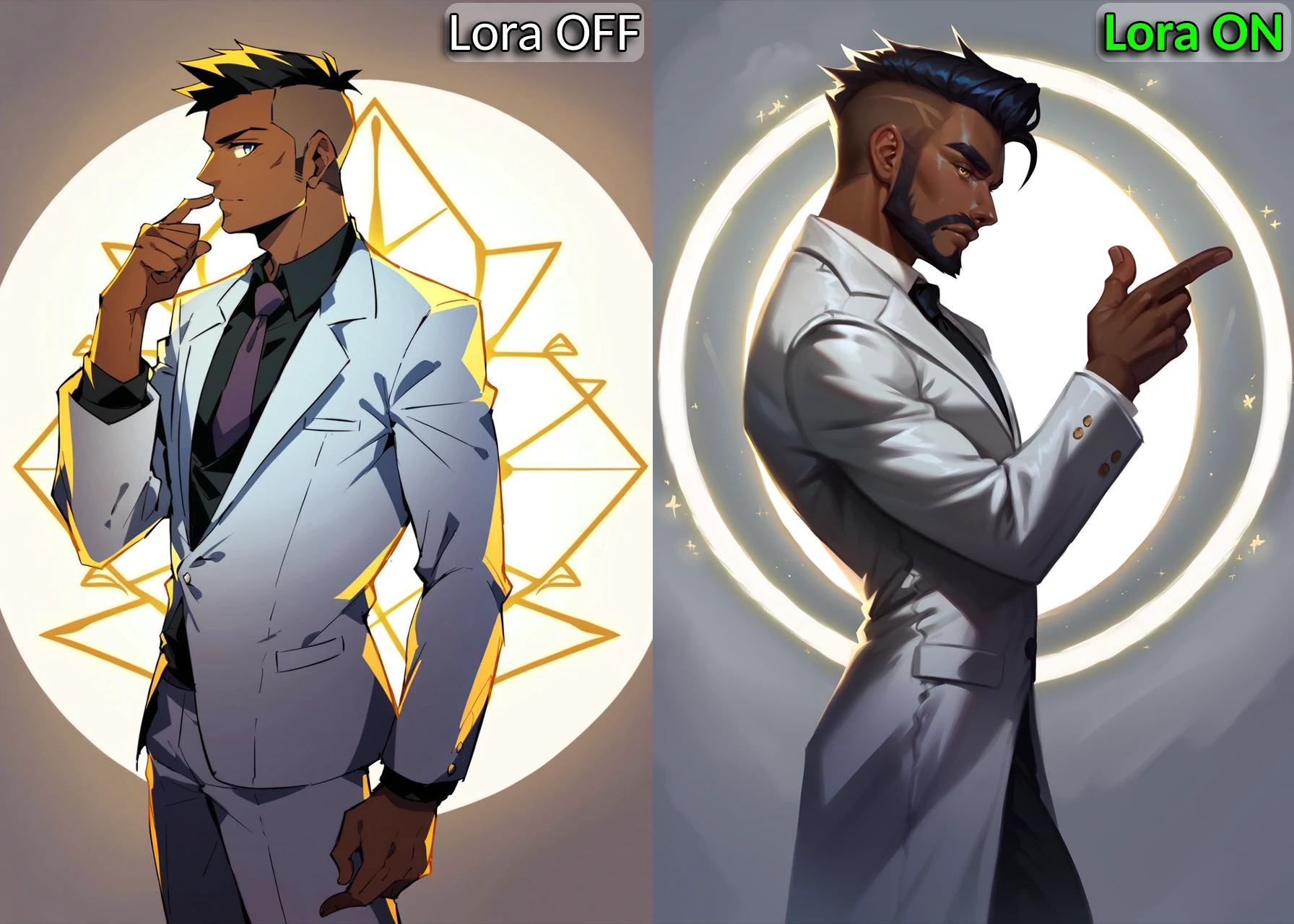 score_9, score_8_up, evulchibiart style, 1man, solo, standing, dark skin, black man, wearing a white dress suit, an amazing illustration of a masculine man in a white suit, illustration, from the side, one hand up, dramatic lighting <lora:Artstyle-PDXL-EvulChibi-v2:1.0>