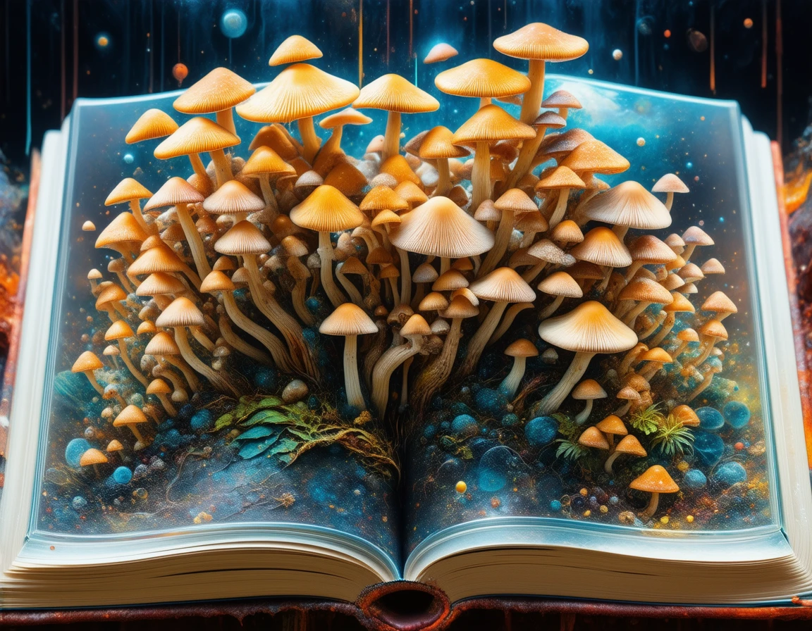 aerial view on magical tiny mushrooms growing from a huge glass translucent book, intricate and hyperdetailed watercolor and oil painting by Greg Olsen, Android Jones, Marton Bobzert, Martin Schoeller, artistic fantasy art, album cover art, amazing depth, golden ratio, hdr, 8k resolution, oil splash stains, perfect balanced styles, triadic colors