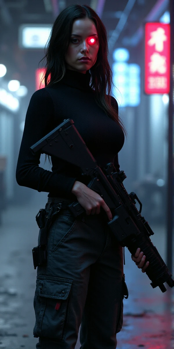 <lora:Cameron Phillips:0.9> full body, cameron  phillips is woman. She has one red robotic eye. She wears a cargo pant and turtleneck. She stands in a cyberpunk scenery with neon lights. She holds a big machinegun