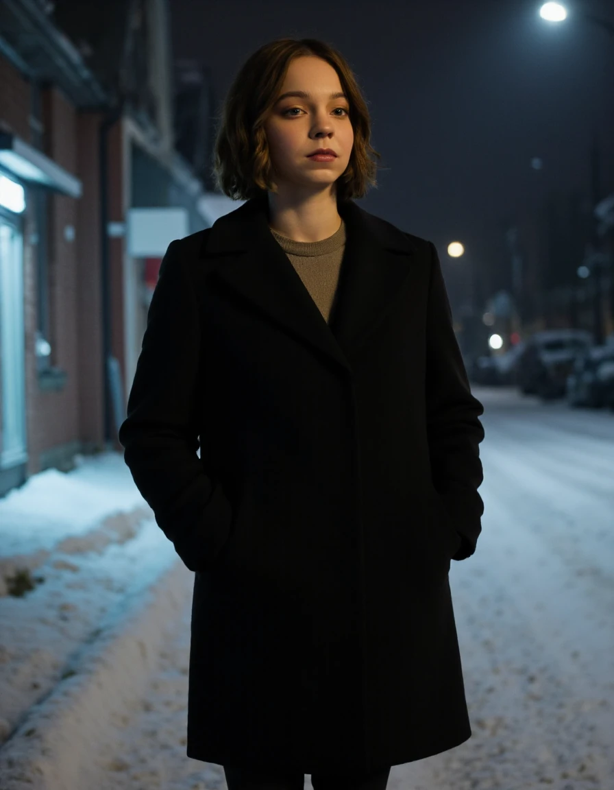 <lora:EmmaMFlux:1.4>  an eighteen year old woman with short brown hair. the woman should be wearing a black coat,  the photo is detailed and the girl is outside in a snowy street at night <lora:CinematicStyleFlux_v1:0.75>