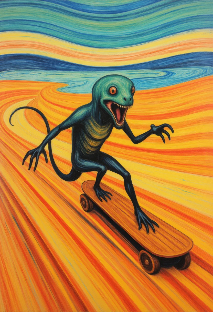 3dv4rd painting, a cyborg lizardman skating down a sand dune