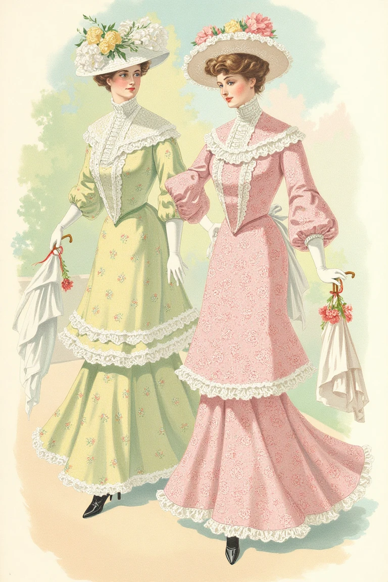 Illustration HBClaflin style of Two women in Victorian dresses, one holding a parasol and both adorned with flowers on their hats