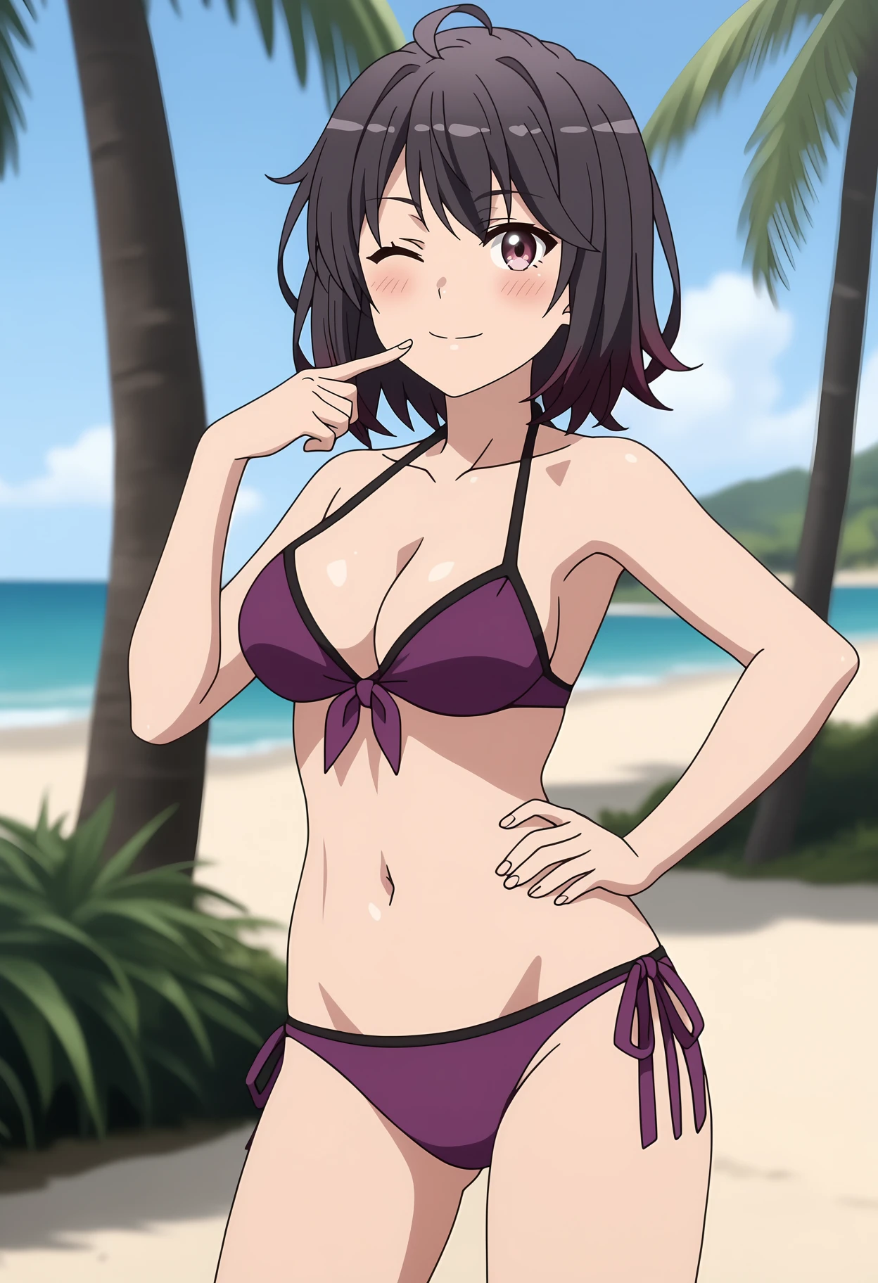 anime screencap,
<lora:YahariOreNoSeishunLoveComedy_YukinoshitaHarunoXL:0.9>,
1girl, solo, closed mough, light smile, blush, one eye closed,
medium hair, multicolored hair, black hair, magenta hair, ahoge, multicolored eyes,
strapless bikini, purple bikini, halterneck, front-tie top, side-tie bikini bottom,
finger to mouth, hand on own hip, standing, looking at viewer,
beach, horizon, water, palm tree, outdoors, blurry background