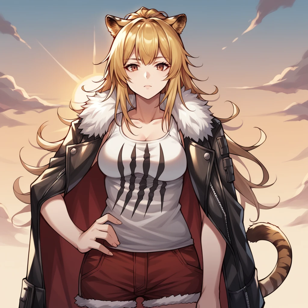 score_9_up, score_8_up, score_7_up, source_anime, 1girl, solo, sun, clouds, sky, standing, angled shot, hand on hip, looking at you, upper body, face focus, SGark, SG_1st, siege (arknights), brown eyes, blonde hair, long hair, tank top, white tank top, fur-trimmed jacket, fur trim, black jacket, tiger ears, tiger tail, red shorts, fur-trimmed shorts, mature body, dynamic cowboy shot, 