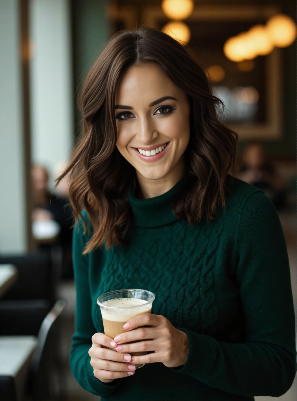 A professional photograph of a 23yo woman Rosie_Jones wearing a dark green cableknit sweater in a cafe, holding a latte. Brunette hair, light make-up, detailed skin, bokeh, female focus, (SFW), smile <lora:Rosie_Jones:1>