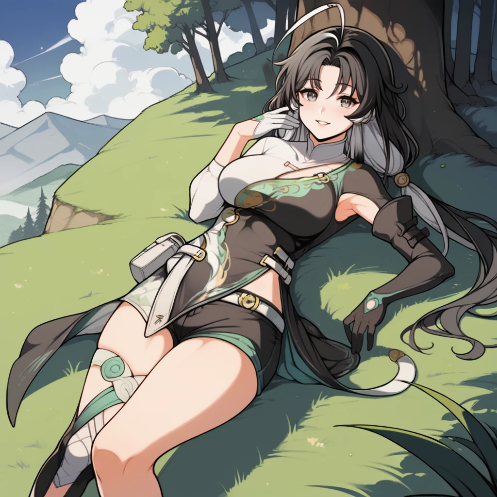 score_9_up, score_8_up, score_7_up, source_anime, 1girl, solo, mountain, sun light, forest, trees, shadow, clouds, sun rise, lying on grass, from above, bend knee, slight blush, parted lips, looking at you, facing to side, slight smile, raised hand, Jianxin, Jia_Def, black hair, long hair, grey eyes, chinese clothes, dress, black shorts, teal trim, single thigh boot, single knee boot, clothing cutout, open skirt, two-tone skirt, white belt, pouch, asymmetrical clothes, two-tone dress, white dress, black dress, low twintails, colored inner hair, white hair, ahoge, asymmetrical legwear, asymmetrical footwear, white glove, black glove, mismatched gloves, mismatched sleeves, asymmetrical sleeves, white sleeve, black sleeve, elbow glove, singe glove, armpit cutout, mature body, dynamic cowboy shot, 