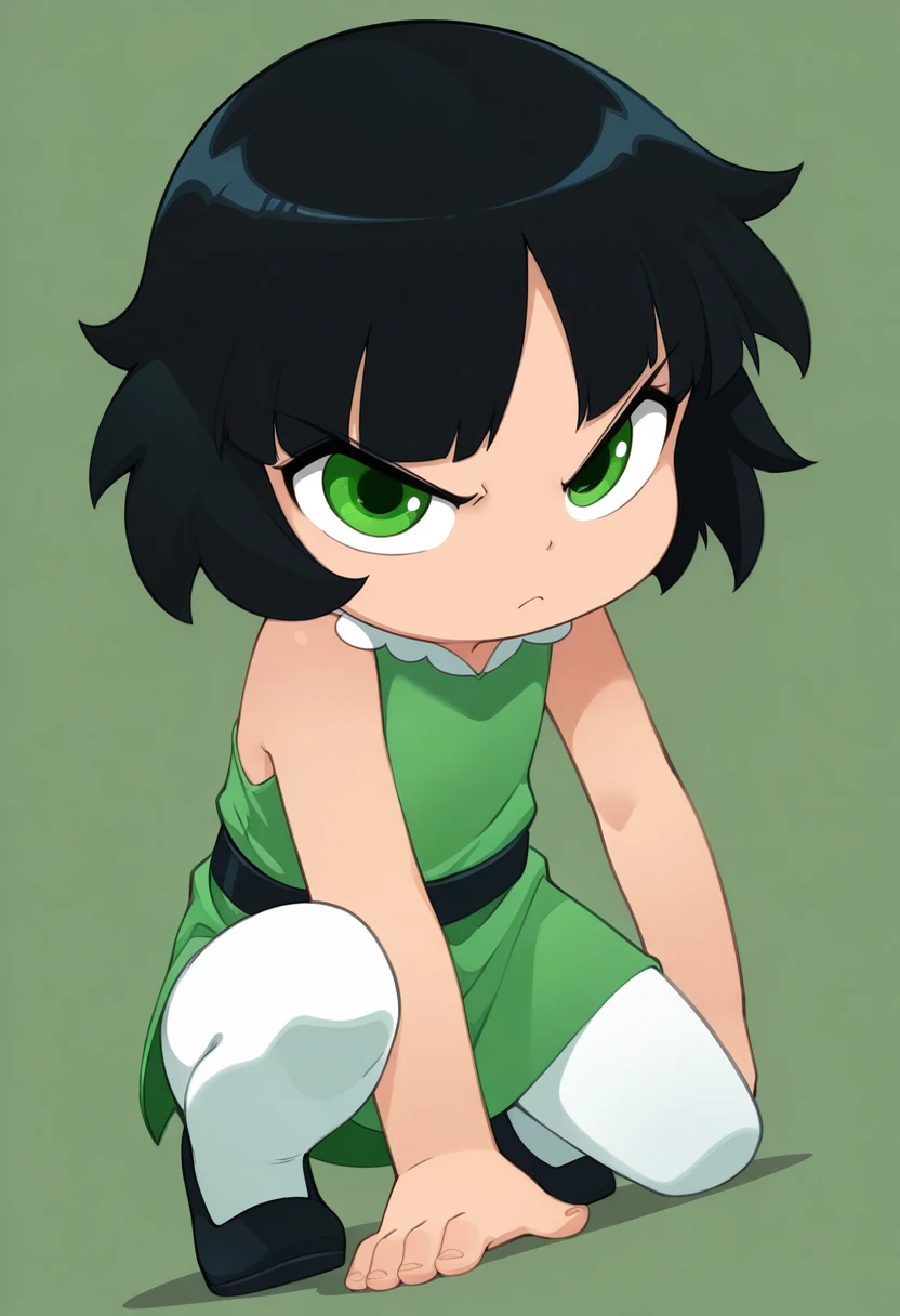 masterpiece, best quality, amazing quality, very aesthetic, absurdres, 1girl, solo,
<lora:Bleedman-IL:0.9> bldmn, dress, child, chibi, sleeveless, white pantyhose, black flats, buttercup, black hair, short hair, green eyes \(ppg\), black belt,
solo , on one knee, hand on ground, elbow on knee, looking at viewer,, upset, angry, frown,, dutch angle,