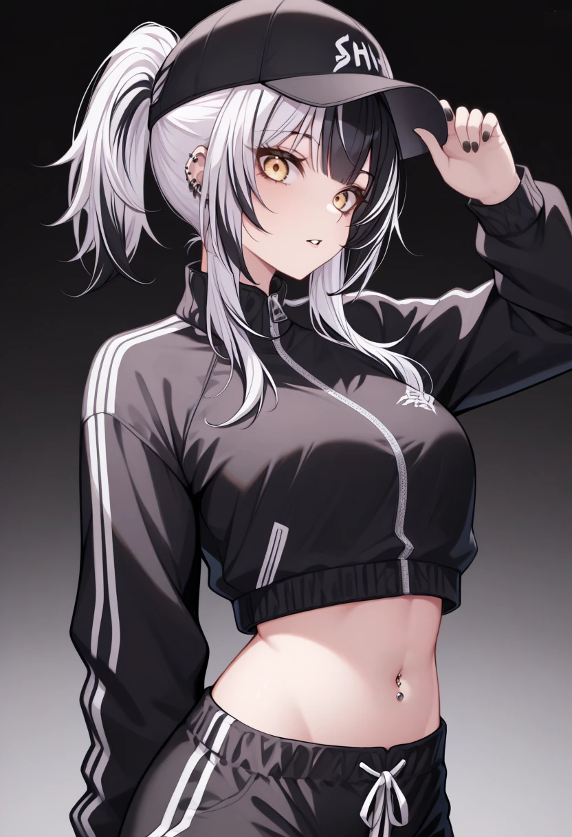 masterpiece, best quality, 1girl, solo, Shi0riN0vella, multicolored hair, white hair, black hair, yellow eyes, hair ornament, ponytail, black cap, track jacket, black jacket, cropped jacket, midriff, black shorts, black nails, adjusting headwear, looking at viewer, parted lips, navel piercing, <lora:ChamShioriNovellaIllustriousXL:1>