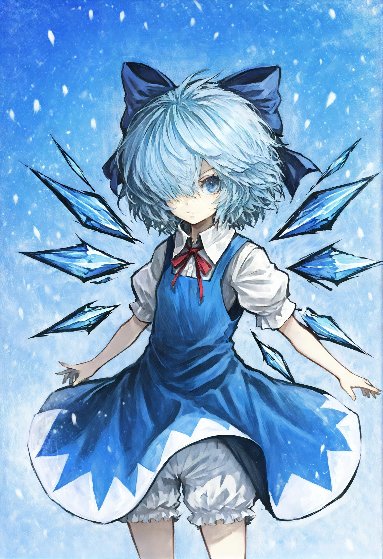 cirno, touhou, 1girl, bloomers, blue background, blue bow, blue dress, blue eyes, blue hair, blue theme, bow, closed mouth, collared shirt, cowboy shot, detached wings, dress, hair bow, hair over one eye, ice, ice wings, neck ribbon, pinafore dress, popped collar, puffy short sleeves, puffy sleeves, red ribbon, ribbon, shirt, short hair, short sleeves, sleeveless, sleeveless dress, snowing, solo, white bloomers, white shirt, wings 
,, masterpiece,best quality,very aesthetic,absurdres 
<lora:æ©æ¯ãããforill-000179:0.95>