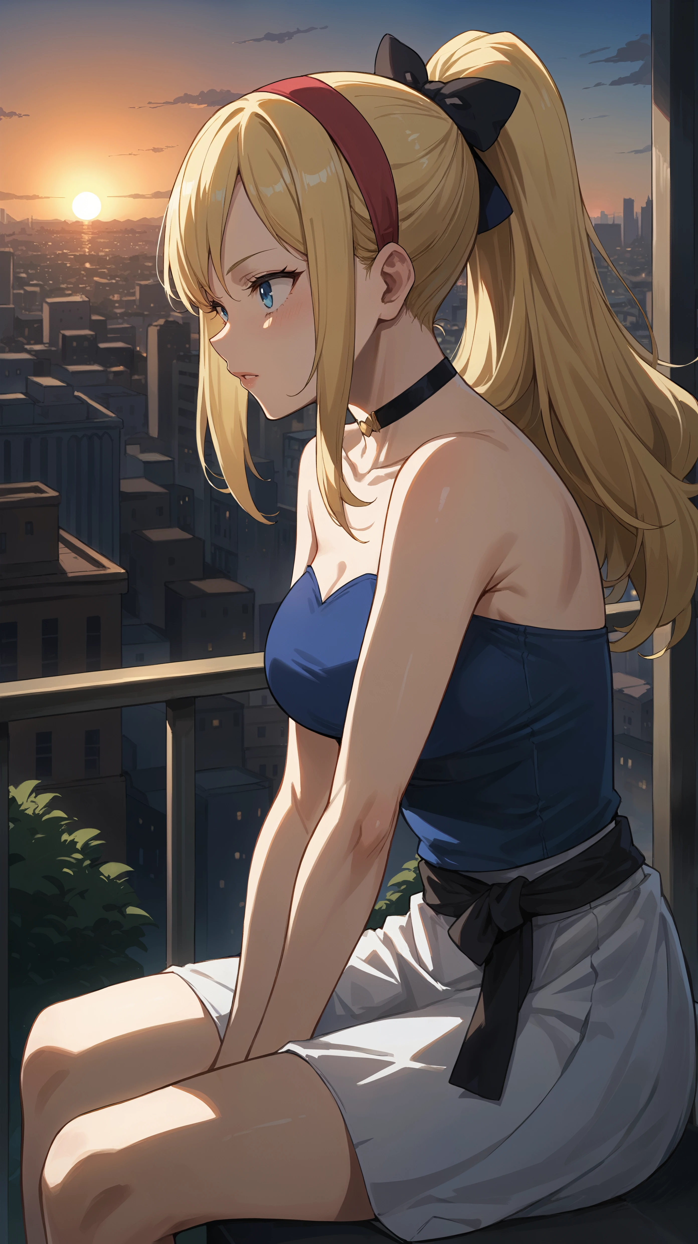 score_9,score_8_up,score_7_up,score_6_up, <lora:xl_more_art-full_v1:0.5>, source_anime, girl, dynamic pose, sitting, <lora:Melissa Shield - Pony:0.8>, long hair, blonde hair, blue eyes, hair up, red hairband, black hairbow, ponytail, black necklace, blue top, strapless top, black cloth belt, white skirt, balcony, city, horizon, sunset, leaning forward, leaning over the edge, side view, looking in the distance,