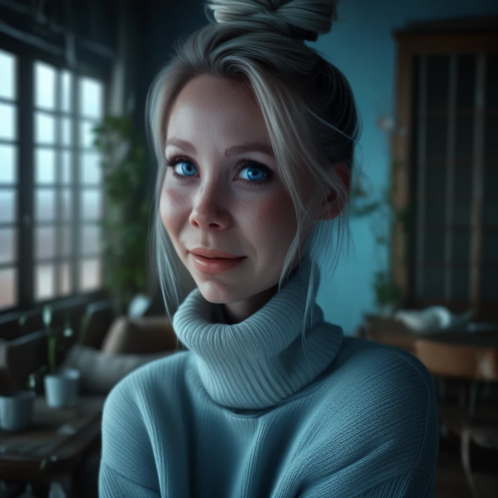 solo, wind, tears, smile, blue eyes, single hair bun, indoors, turtleneck, crying with eyes open