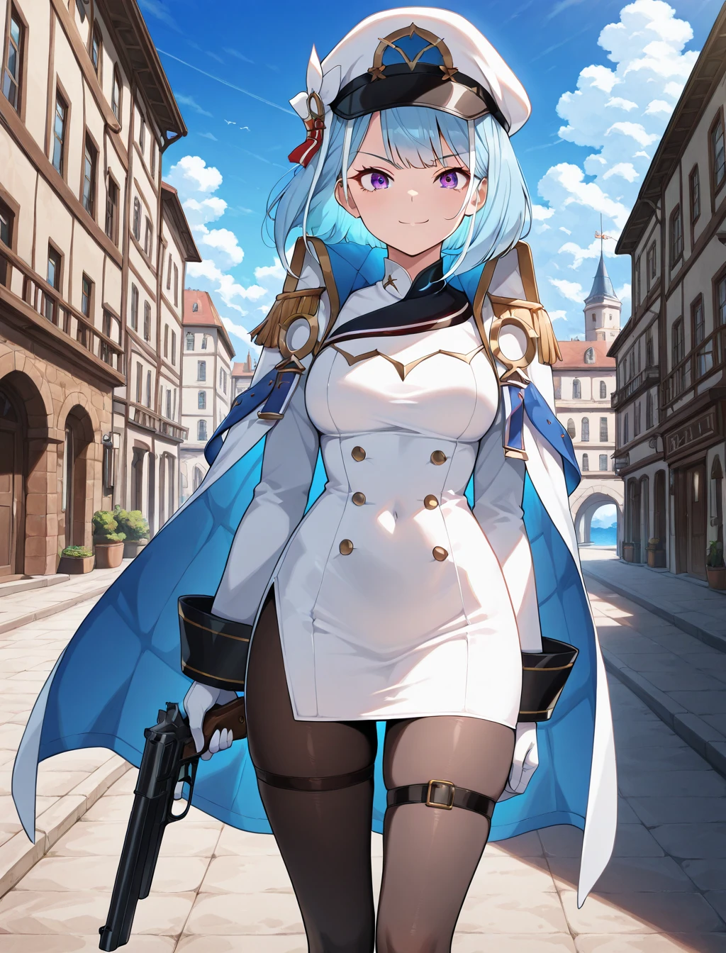 (masterpiece) ,best quality,amazing quality,very aesthetic,absurdres,newest, highres, anime style, BREAK  NC_Landy,  smile, port, fully clothed, safe, pantyhose, standing, serious expression, holding gun