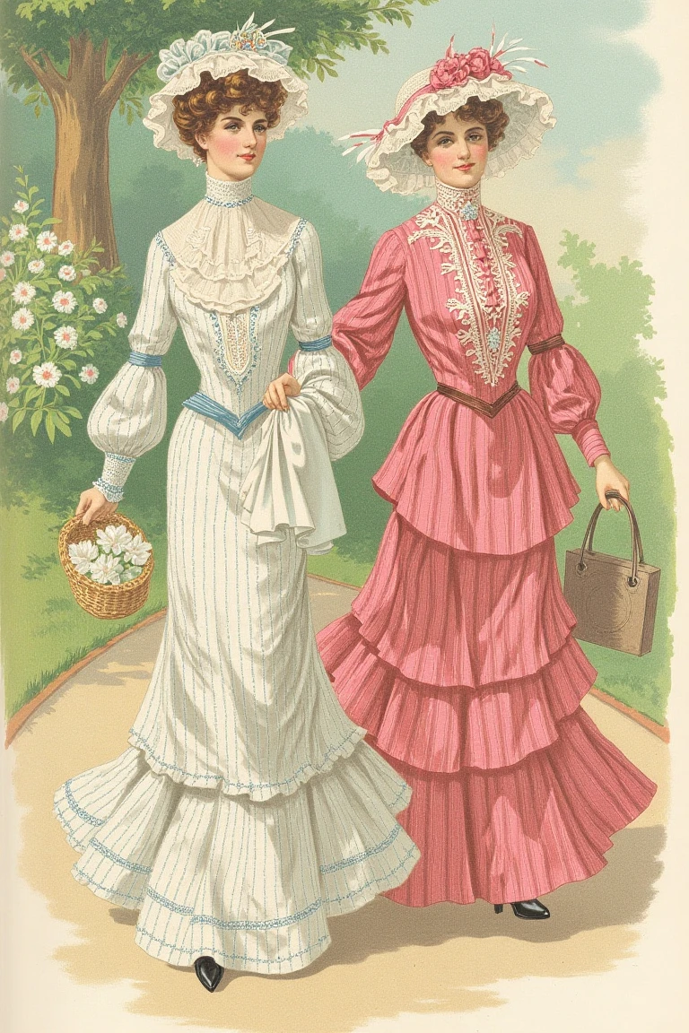 Illustration HBClaflin style of Two women Elegant Victorian Ladies in Fashionable Attire, Strolling Through a Garden.