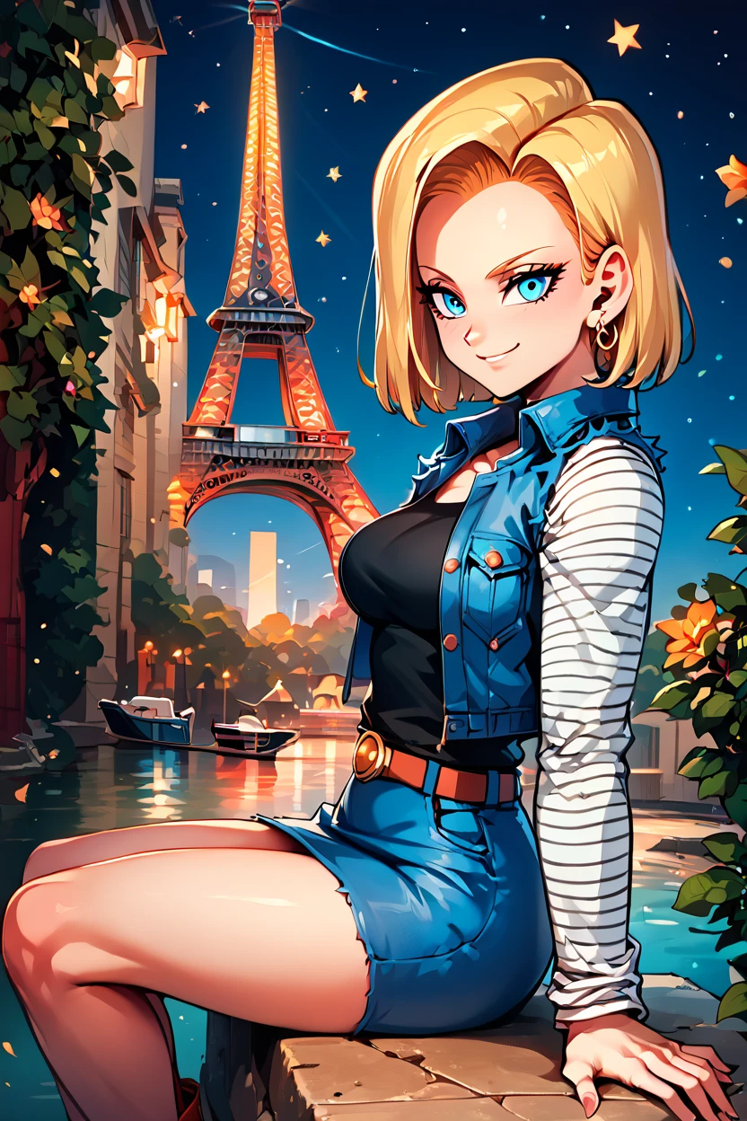 score_9, score_8_up, score_8, medium breasts, (curvy), cute, eyelashes,      ,,,  <lora:Android18PDXL:1.0>, zzAndroid18, blue eyes, blonde hair, short hair, jacket, denim, denim jacket, jewelry, earrings, long sleeves, shirt, skirt, belt, stripes, BREAK, zzEiffelTower in background, sitting, watercraft, boat, sitting on wall, side view, looking at viewer, smile, ,,, BREAK, blooming stars, luminescent petals, otherworldly fragrance blurry background, ,,, embedding:zPDXL, Expressiveh, ,,, <lora:EiffelTowerPDXL:1.0>, <lora:CatalystStylePDXL:0.6>, <lora:SDXLFaeTastic2400:0.5>, <lora:Expressive_H-000001:0.4>,