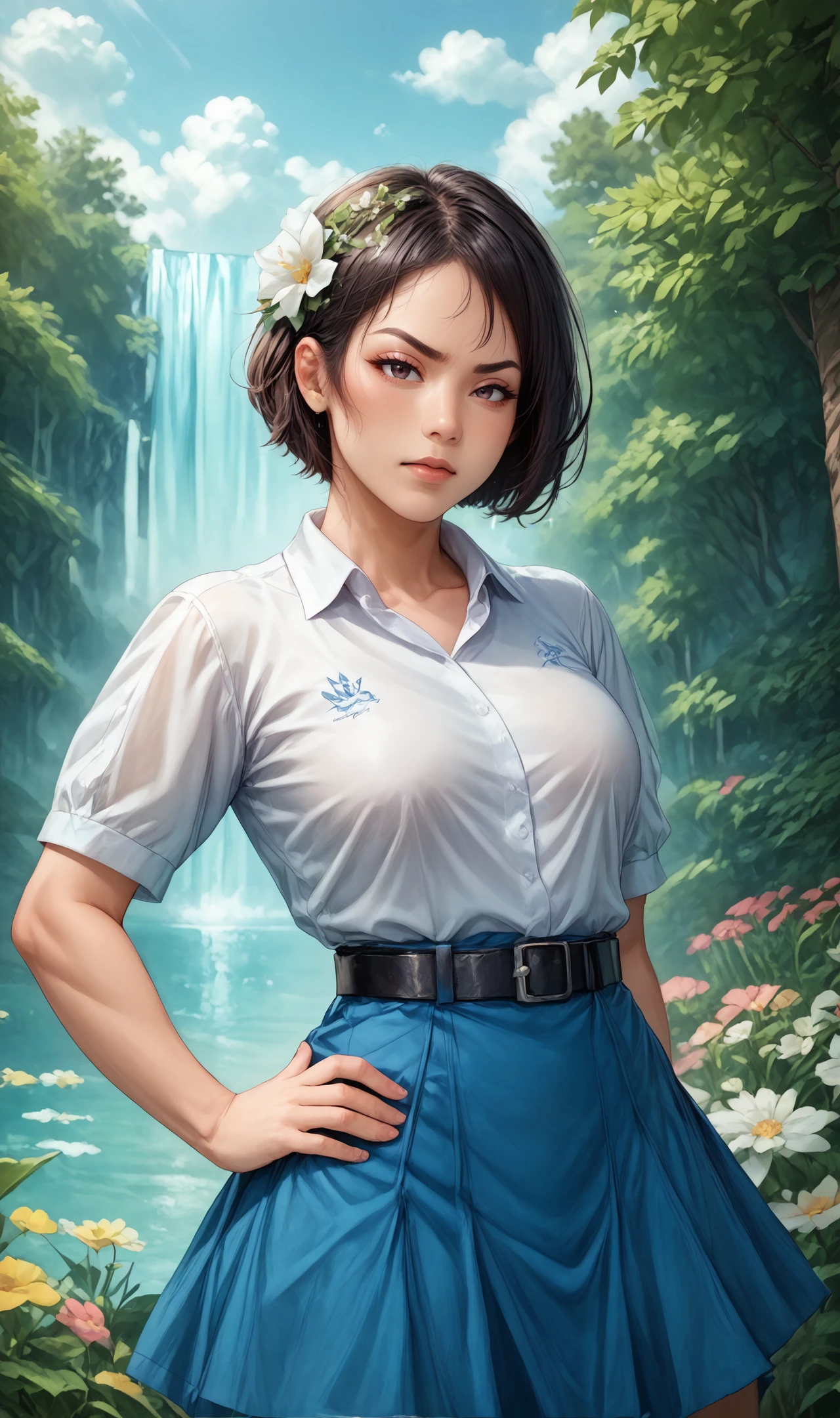 score_9, score_8_up, score_7_up, solo,1girl, blue skirt, white shirt, black hair, short hair, braid, short sleeves, belt, pubic hair, collared shirt, underwear, <lora:Thai_High_school_outfit:0.7>, waterfall , flowers,tree, bride, hair flower, (hand on hips:1.2), dynamic pose, morning light, cloudy sky, rainbow, angry,
<lora:Pony_BTT_THAIARUNEE_V01C:0.8>thaiarunee <lora:LCMTurboMix_Euler_A_fix:1>