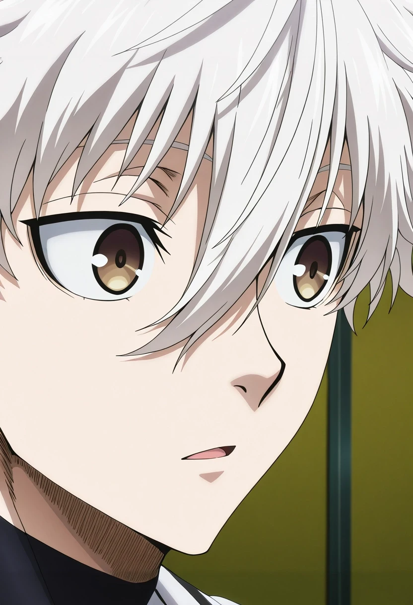 masterpiece, best quality, intricate details, anime screencap, anime coloring, , , , 1boy, solo, male focus, <lora:seishirou_nagi_ilxl:1>, seishirou_nagi, white hair, brown eyes, short hair, bangs, hair between eyes, ,