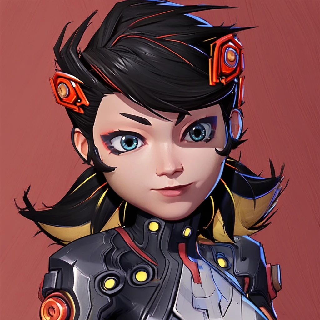 blue eyes, Peni, knee pads, black and white bodysuit, yellow and red highlights in hair, 1girl, white boots, long sleeve, black gloves, low pigtails, black hair