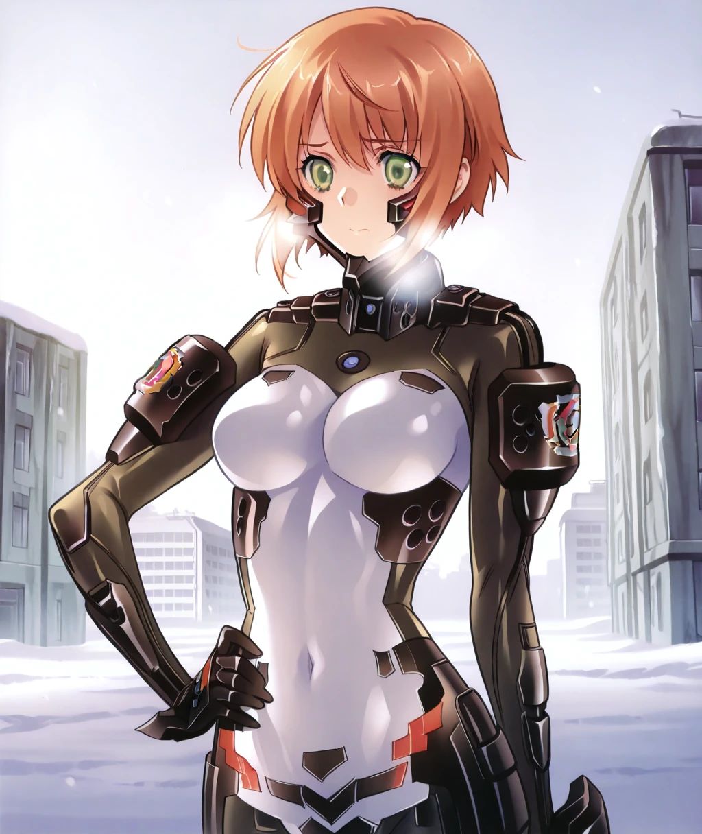 perfect quality, best quality, absolutely eye-catching, masterpiece, absurd res, ambient occlusion, raytracing, 1girl, solo, Anett, breasts, fortified suit, east german, military base, winter, outdoors, industrial buildings, cold breath, hand on hip, worried