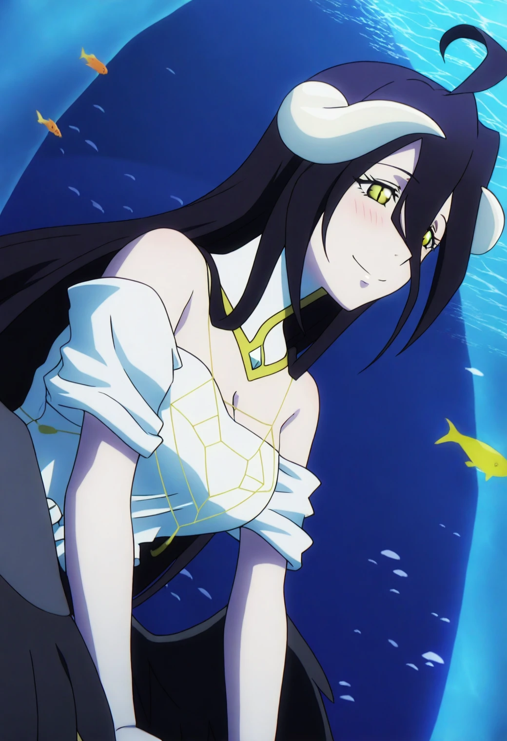 <lora:Albedo - [Overlord] - illustriousXL v1:1>, sysdeep_albedo, black hair, yellow eyes, horns, aquarium, underwater tunnel, looking at fish, casual wear, soft glow, anime coloring