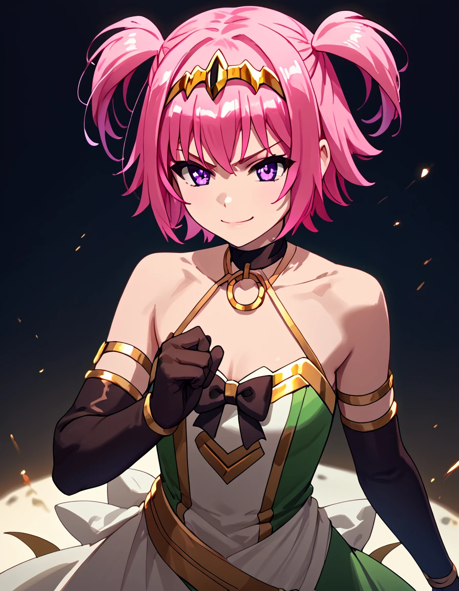 score_9, score_8_up, score_7_up, score_6_up, score_5_up, score_4_up, source_anime,  <lora:MasterofRagnarok:1>, dynamic pose, smirk, action,  linnea, purple eyes, pink hair, short hair, two side up, choker, black gloves, elbow gloves, bow, dress,