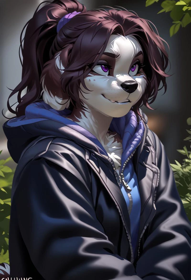 score_9, score_8_up, score_7_up, (by kittydee:1.5), (by jailbird:1.5), (by zummeng:1.5), masterpiece, best quality,
(Furry Art: Anthro: Shih Tzu:1.5), 1girl, expressive eyes, feminine eyes, perfect face, feminine face, dog, canine, medium long fur, floppy ears, multicolored fur, black fur, white fur, brown fur, brown hair, ponytail hair, small breasts, jacket,