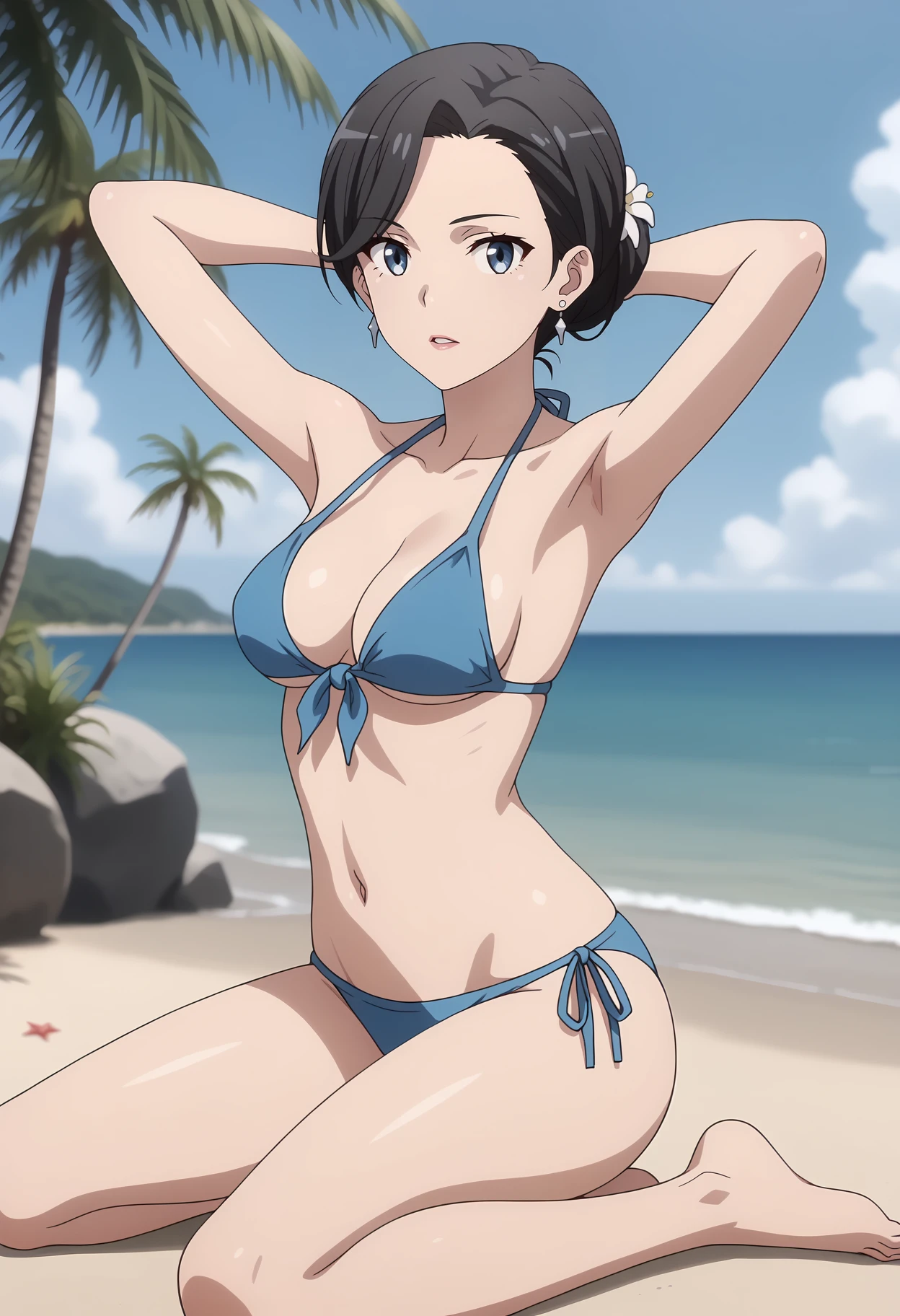 anime screencap,
<lora:YahariOreNoSeishunLoveComedy_YukinoshitaMamaXL:0.9>,
1girl, solo, parted lips,
single hair bun, black hair, blue eyes, earrings, hair flower,
Yukinoshitamama, blue bikini, halterneck, front-tie top, halterneck bikini, side-tie bikini bottom,
arms behind head,
sitting, kneeling, looking at viewer,
beach, horizon, water, palm tree, outdoors, blurry background