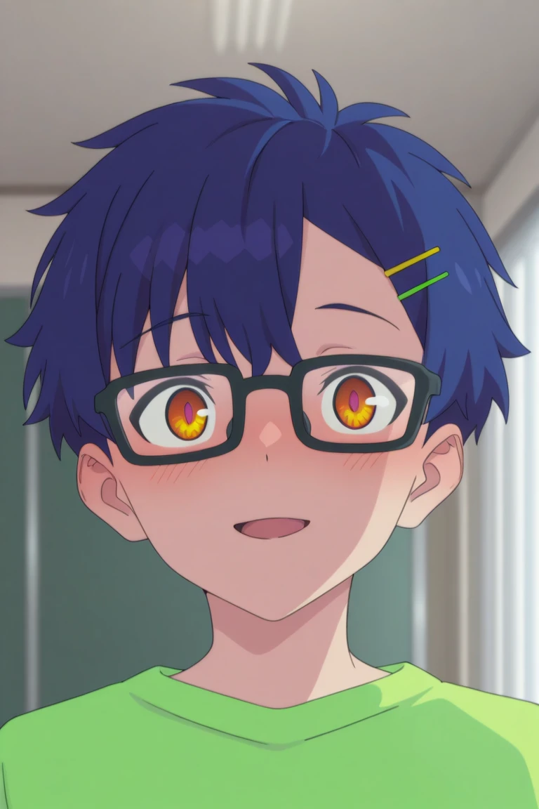 masterpiece, best quality, amazing quality, very aesthetic, absurdres, newest, masterpiece, best quality, amazing quality, very aesthetic, absurdres, newest,
yomogi asanaka, blue hair, orange eyes, 1boy, male focus, glasses, solo, blush, open mouth, green shirt, orange eyes, shirt, fake screenshot, smile