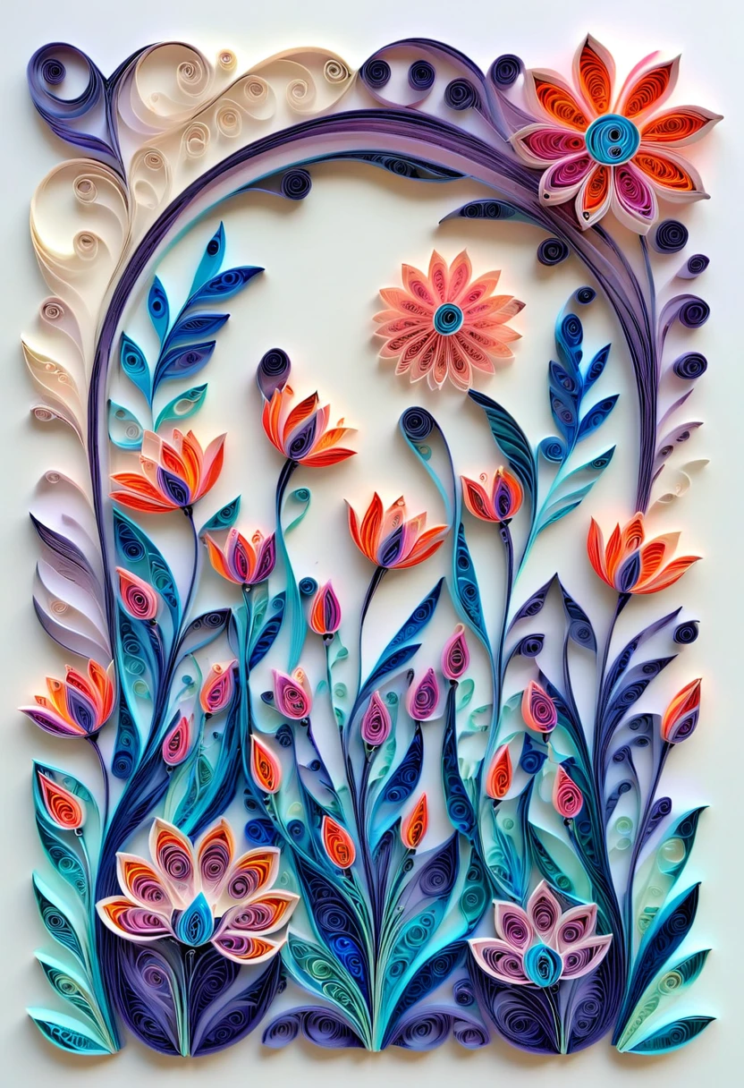 paper quilling, layered paper, nohumans, flower  pattern, delicate petals, vibrant colors, intricate designs
