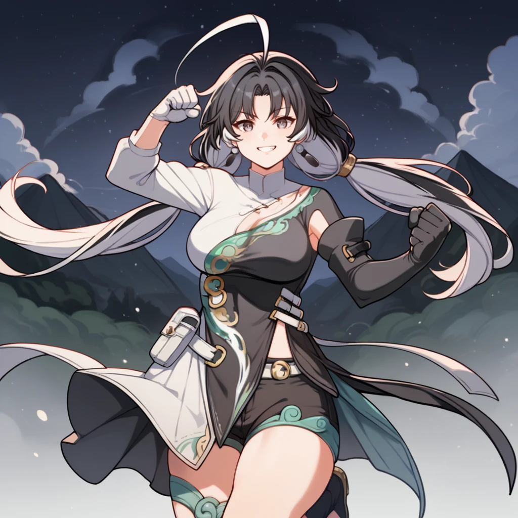 score_9_up, score_8_up, score_7_up, source_anime, 1girl, solo, night, mountain, starry sky, forest, clouds, standing on one leg, fist, fighting stance, upper body, knee up, face focus, looking at you, confident smile, Jianxin, Jia_Def, black hair, long hair, grey eyes, chinese clothes, dress, black shorts, teal trim, single thigh boot, single knee boot, clothing cutout, open skirt, two-tone skirt, white belt, pouch, asymmetrical clothes, two-tone dress, white dress, black dress, low twintails, colored inner hair, white hair, ahoge, asymmetrical legwear, asymmetrical footwear, white glove, black glove, mismatched gloves, mismatched sleeves, asymmetrical sleeves, white sleeve, black sleeve, elbow glove, singe glove, armpit cutout, mature body, dynamic cowboy shot, 