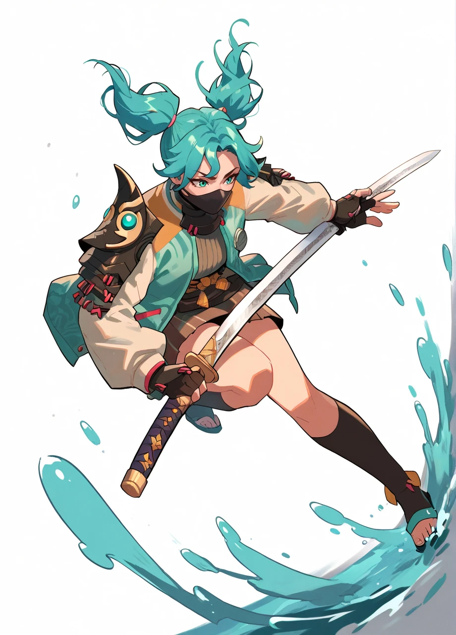 1girl, solo, full body, flying, katana, holding sword, water trail, white background, fnjade, twintails, mouth mask, shoulder armor, open jacket, skirt, fingerless gloves, aqua hair, aqua eyes <lora:FN_Jade-PONY:0.8>, score_9, score_8_up, score_7_up, score_6_up,