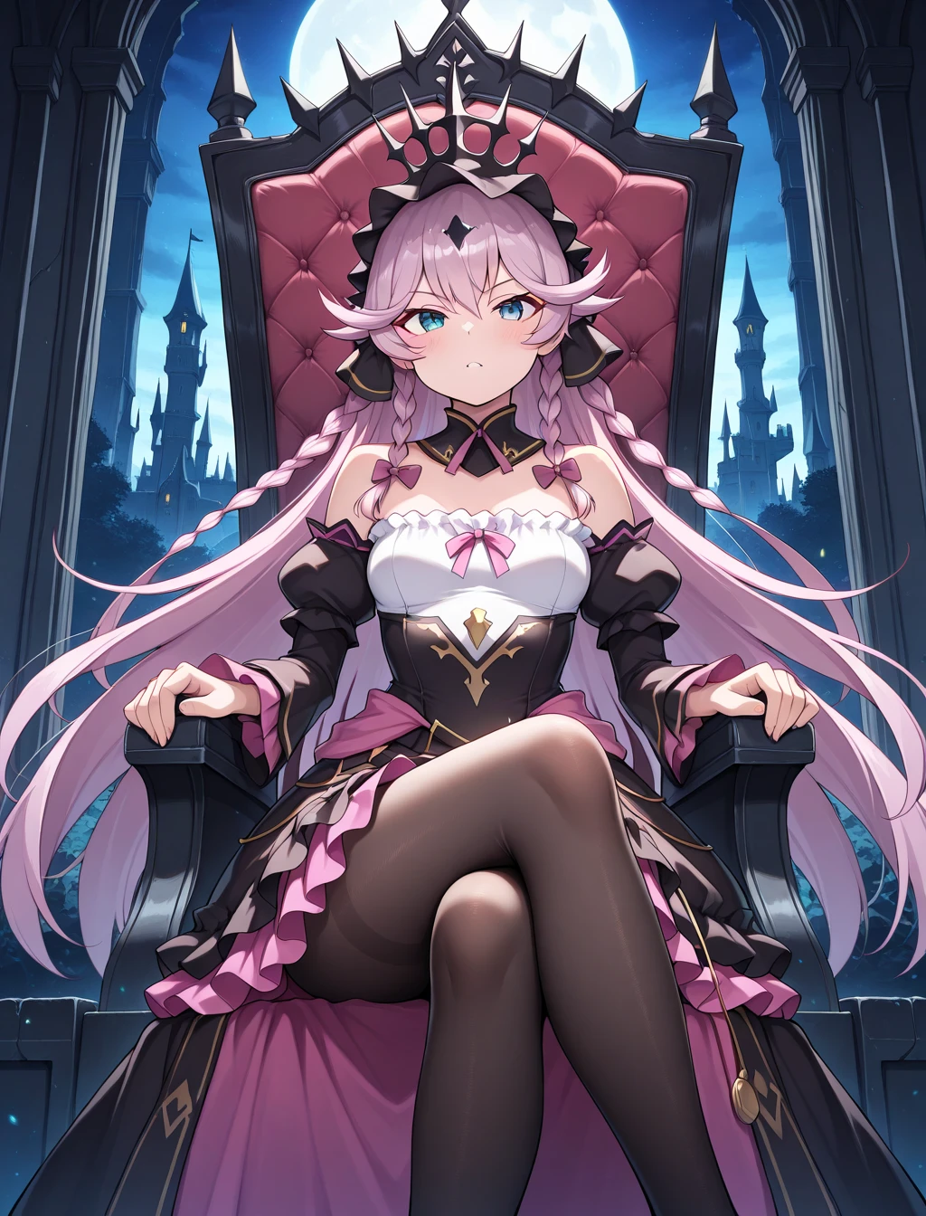 (masterpiece) ,best quality,amazing quality,very aesthetic,absurdres,newest, anime style, BREAK   Sinful_Angelica, spooky castle, sitting on a throne, crossed legs