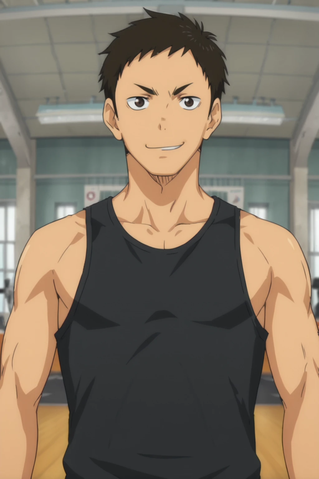 <lora:Daichi1s:0.8>, 1boy, solo, daichi, short hair, tank top, black shirt, sportswear, gym, smirk, standing, from front, front view, upper body, looking at viewer, anime screencap,