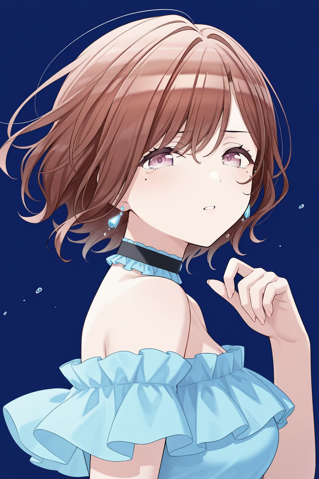 <lora:Higuchi_Madoka:1>, Higuchi Madoka, brown hair, short hair, swept bangs, mole, mole under eye, purple eyes, 1girl, solo, choker, looking at viewer, bare shoulders, blue background, blue theme, breasts, floating hair, black choker, upper body, dress, off shoulder, frills, earrings, jewelry, tears, off-shoulder dress, parted lips, hand up, from side, blue dress,