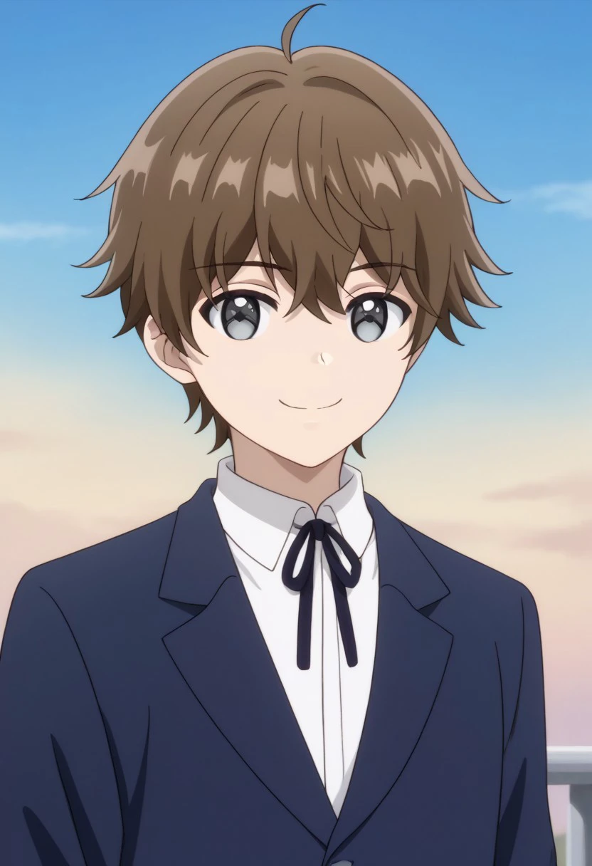 score_9, score_7_up, source_anime 
gill, 1boy, male focus, solo, grey eyes, brown hair, short hair, hair between eyes, ahoge, shirt, white shirt, collared shirt, ribbon, neck ribbon, jacket, blue jacket, upper body, smile
outdoor, sky,