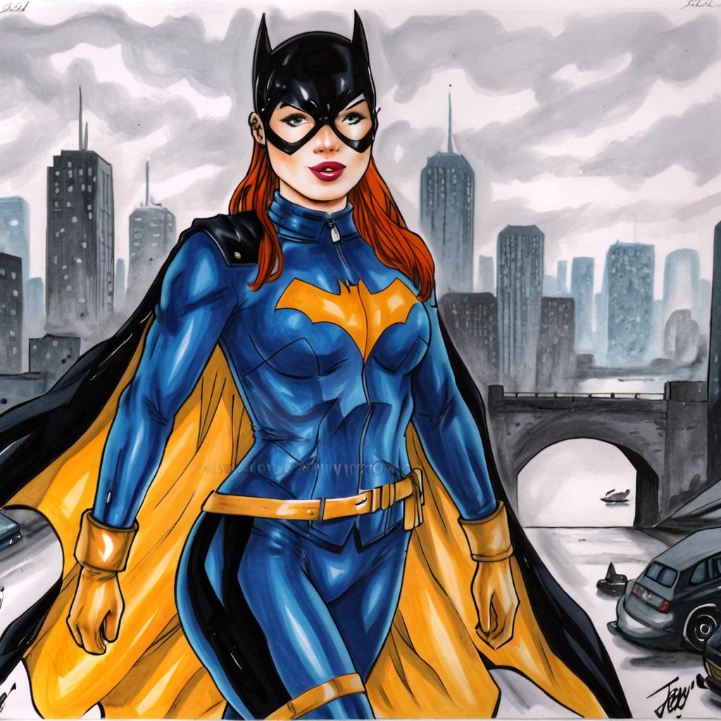 <lora:josil_pony_v1:1> score_9, josil_style, josi, source_artwork, traditional media, <lora:batgirlburnside_pony_v1:0.7> BatgirlBurnside, 1girl, cape, domino mask, bodysuit, gloves, superhero, orange hair, cowboy shot