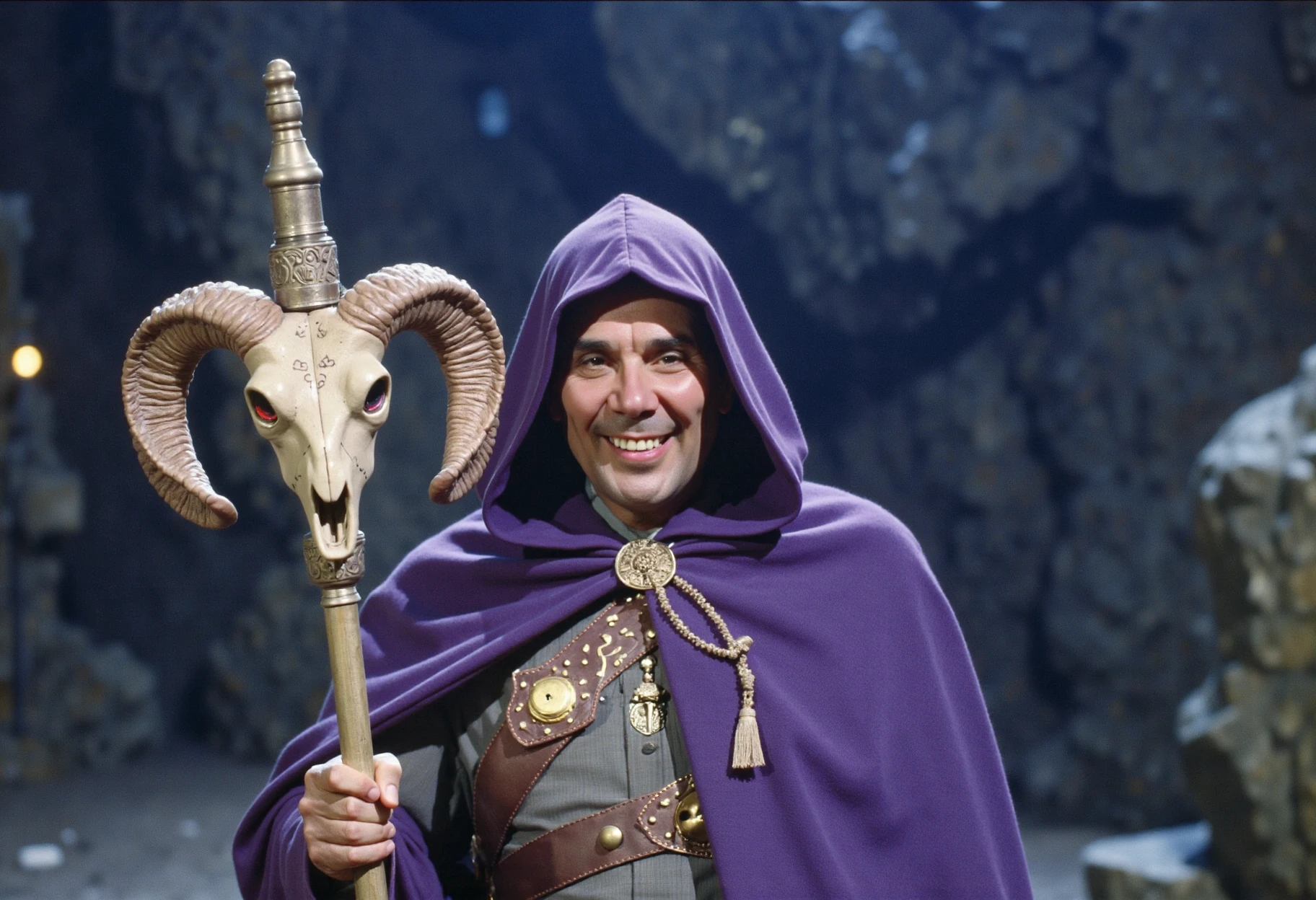 photo, an image of Skeletor Gene Rayburn in a purple cloak, swinging a big staff with a ram skull on the end of it, analog, Kodachrome