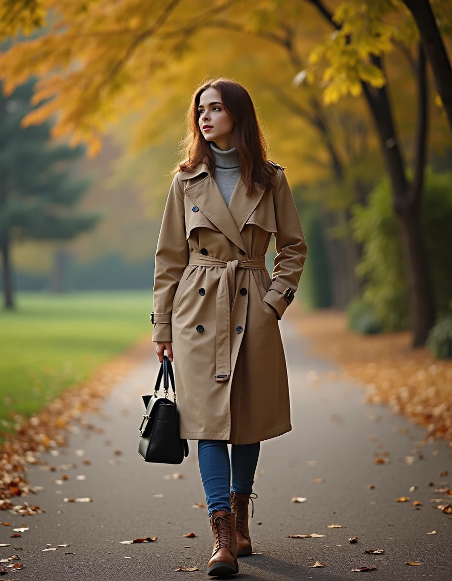 woman, samoilovaflux, Walking through a park in autumn wearing a beige trench coat,  <lora:samoilovafluxmini:1>