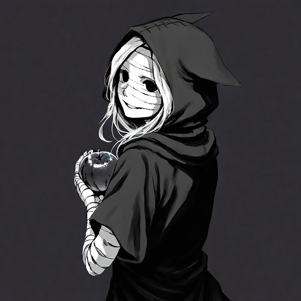 grey background, looking back, smile, hood, long hair, black background, fruit, greyscale, hood up, upper body, bandages