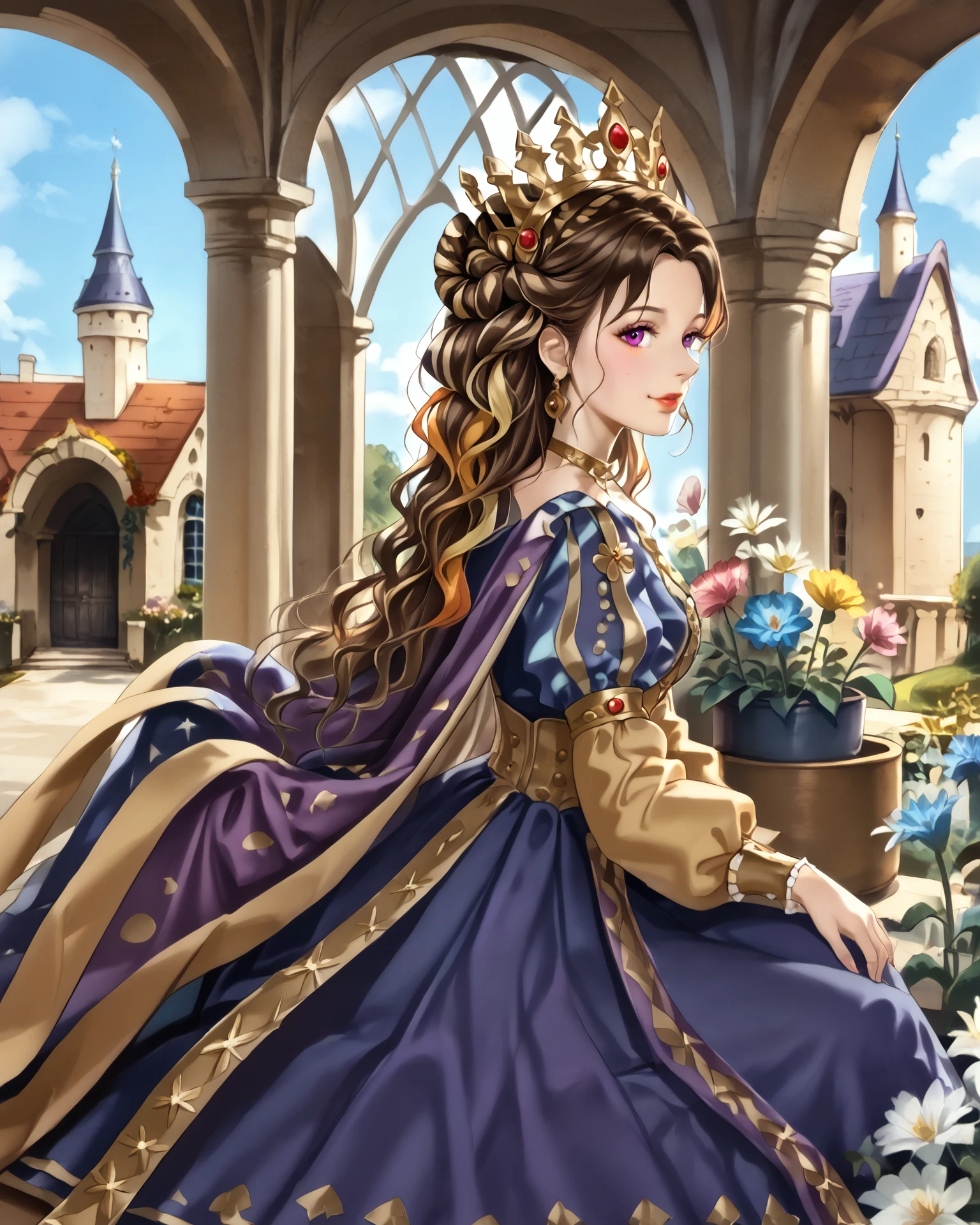 score_9, score_8_up, score_7_up, 1girl, wearing medfa, medfa clothing, sitting, castle garden, gazebo, colorful cushions, purple and blue clothing, gold accents, flowers, summer day, extremely detailed clothing, jacquard fabric, complex embroidery, masterpiece, highest quality, absurdres, (extremely detailed,best quality:1.1), detailed face, detailed hair,  digital art, <lora:Medieval_Fashion_XL:1>,   <lora:ASUTR:1>, ASUTR