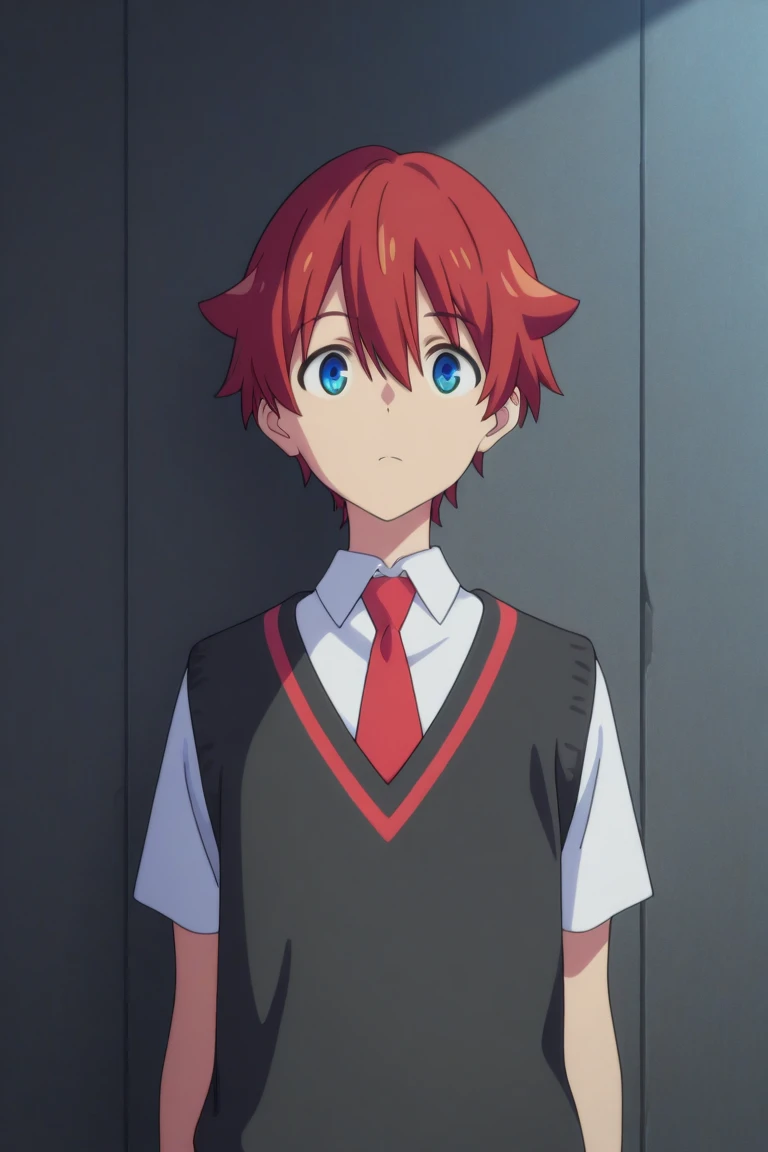 masterpiece, best quality, amazing quality, very aesthetic, absurdres, newest, masterpiece, best quality, amazing quality, very aesthetic, absurdres, newest,
yuta hibiki, blue eyes, red hair, sweater vest, white shirt, 1boy, male focus, necktie, solo, red necktie, shirt, school uniform, looking at viewer, collared shirt, waistcoat, bangs, wing collar, short sleeves