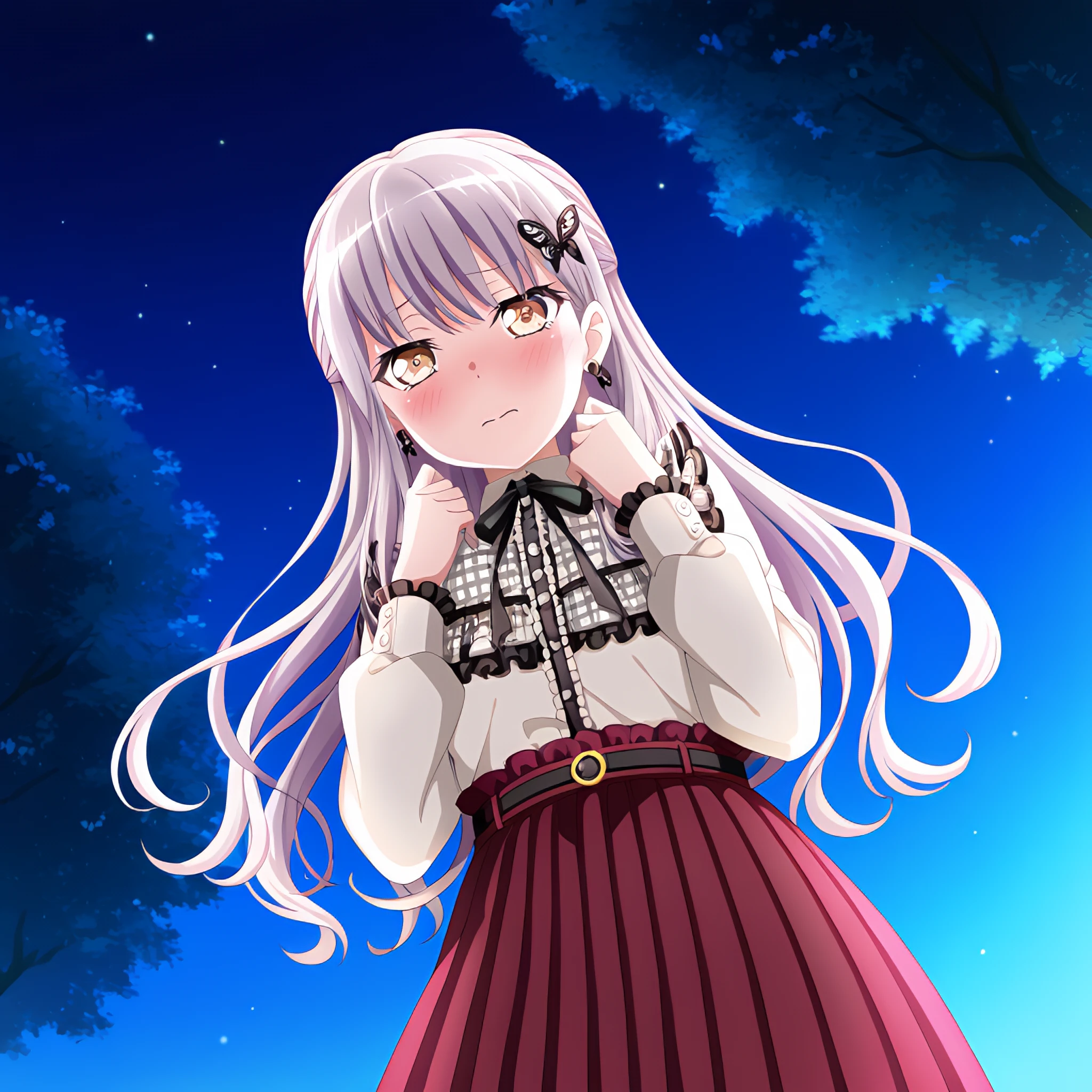 1girl, minatoyukina2, solo, mycd3 long skirt, mycd3 frilled shirt, mycd3 butterfly hair ornament, shy, hands up, half updo, closed mouth, cowboy shot, blush, standing, looking at viewer, earrings

outdoors,sky night,from below, pov,

masterpiece, best quality, newest, absurdres, highres, nsfw,