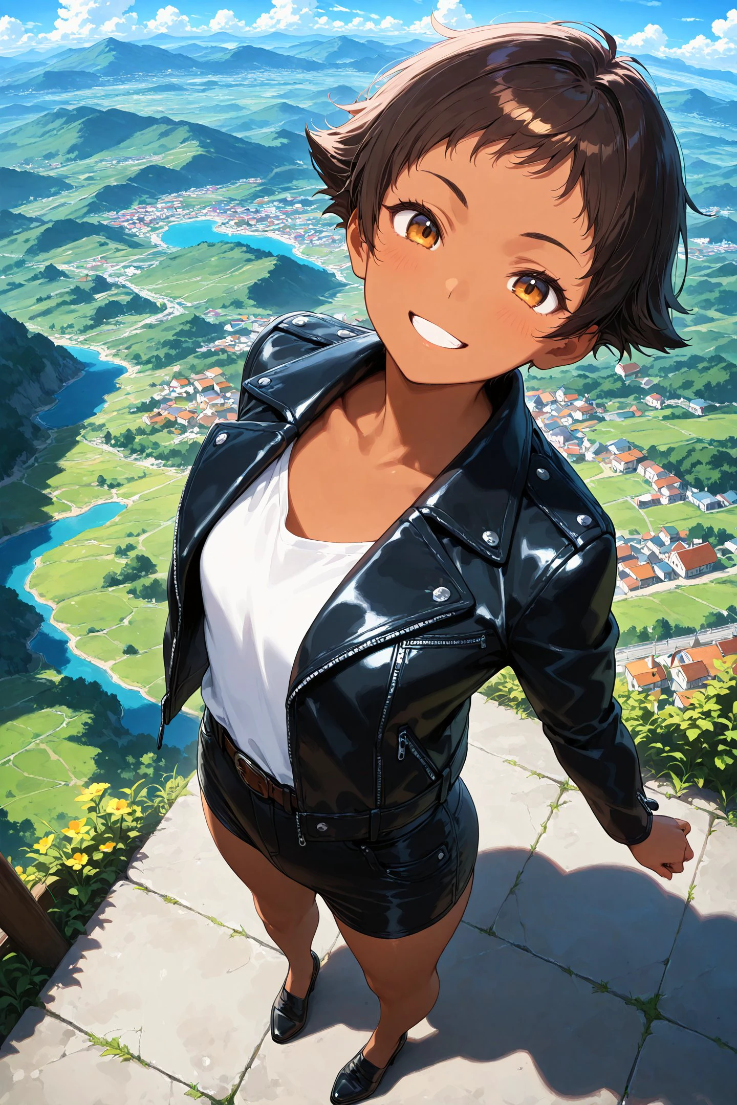 masterpiece,best quality,
1girl,dark skin,flipped_hair,very short hair,leather jacket,clothes,grin,from above,landscape